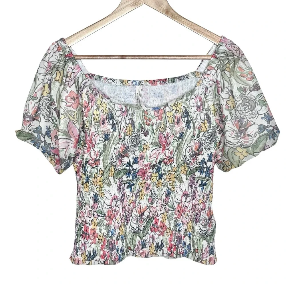 Anthropologie Smocked Mesh Floral Top Womens Small Cottage Spring Short Sleeve